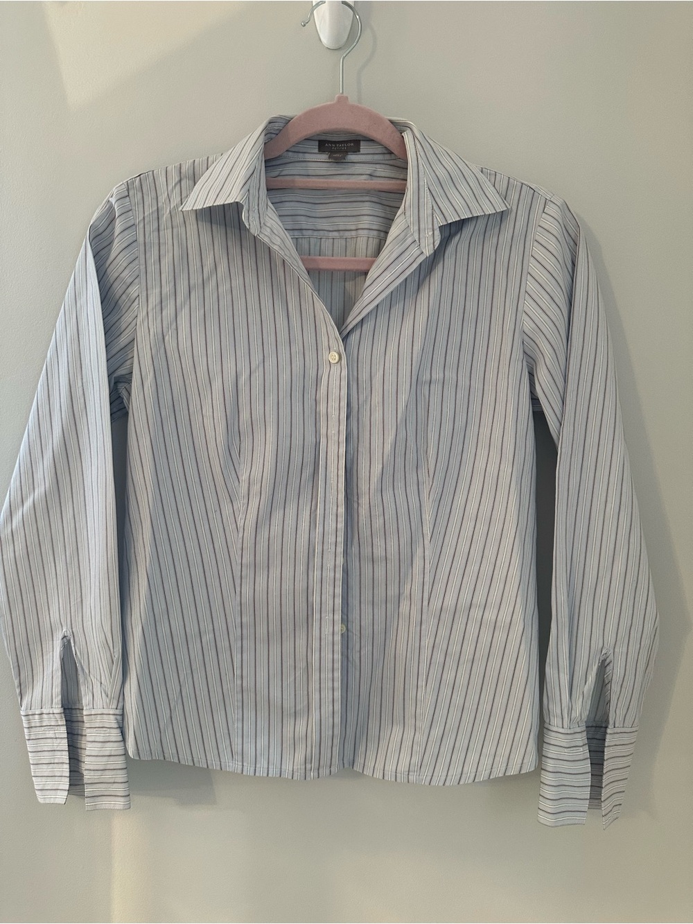 Ann Taylor Petite SP Blue White Striped Button Up Long Sleeve Top 100% Cotton